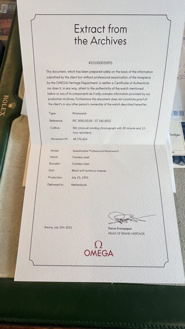 Omega Speedmaster Professional Moonwatch Chrono Omega Speedmaster Moonwatch 861 Del 1991 Con Estratto Originale - immagine 3